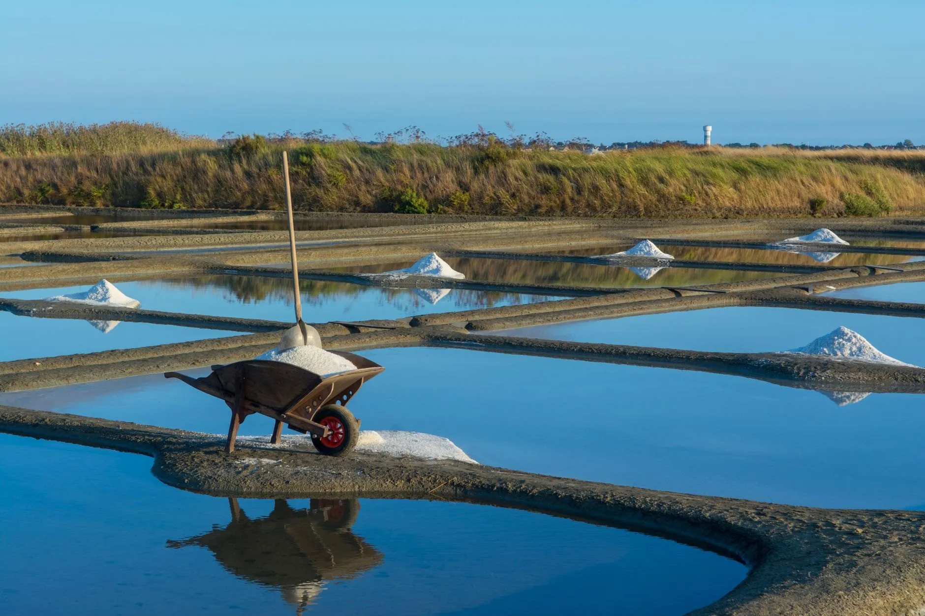 A wheelbarrow of fresh salt parked on a bank between blue evaporation pans