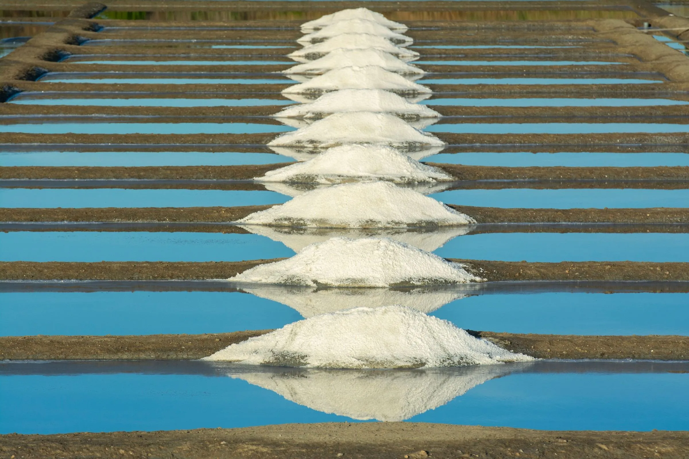 A long line of white salt mounds reflected in the still blue water of the evaporation pans