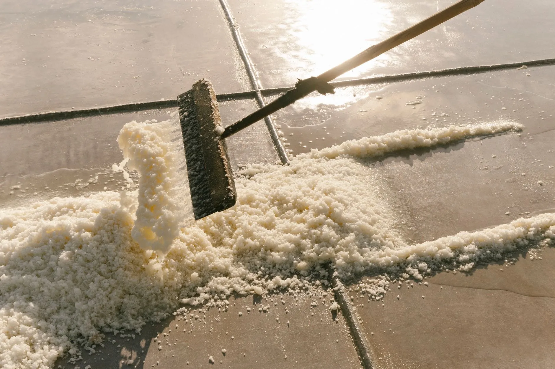 The coarse salt that falls to the floor is raked into ridges, left to drain overnight and barrowed to the mound.