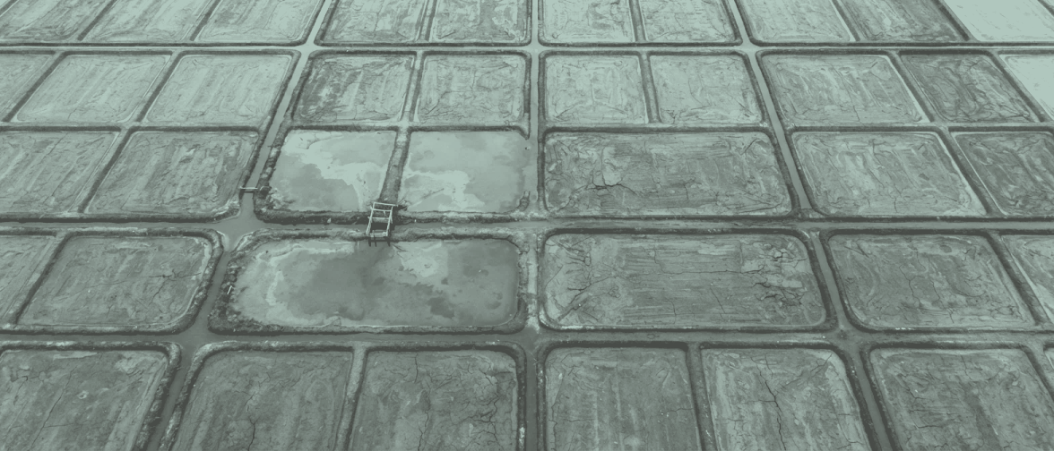 The works out of season from 300 metres: pans scraped down to bare rolled clay, banks freshly re-puddled, water beginning to stand in shallow sheets across two of them.